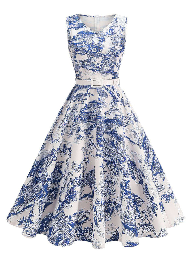 Robe motif paysage en porcelaine sans manches avec ceinture des années 1950
