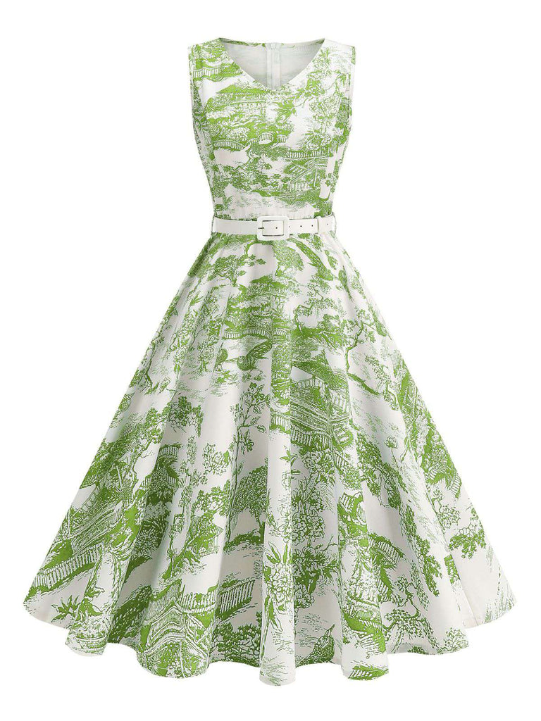 Robe motif paysage en porcelaine sans manches avec ceinture des années 1950