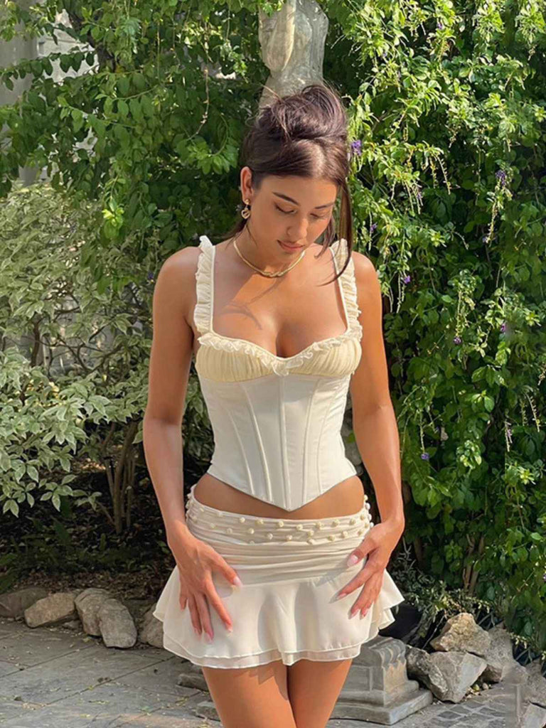 Camisole corset à volants en patchwork de maille années 1960