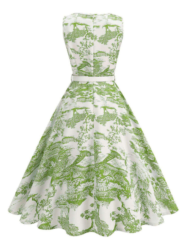 Robe motif paysage en porcelaine sans manches avec ceinture des années 1950