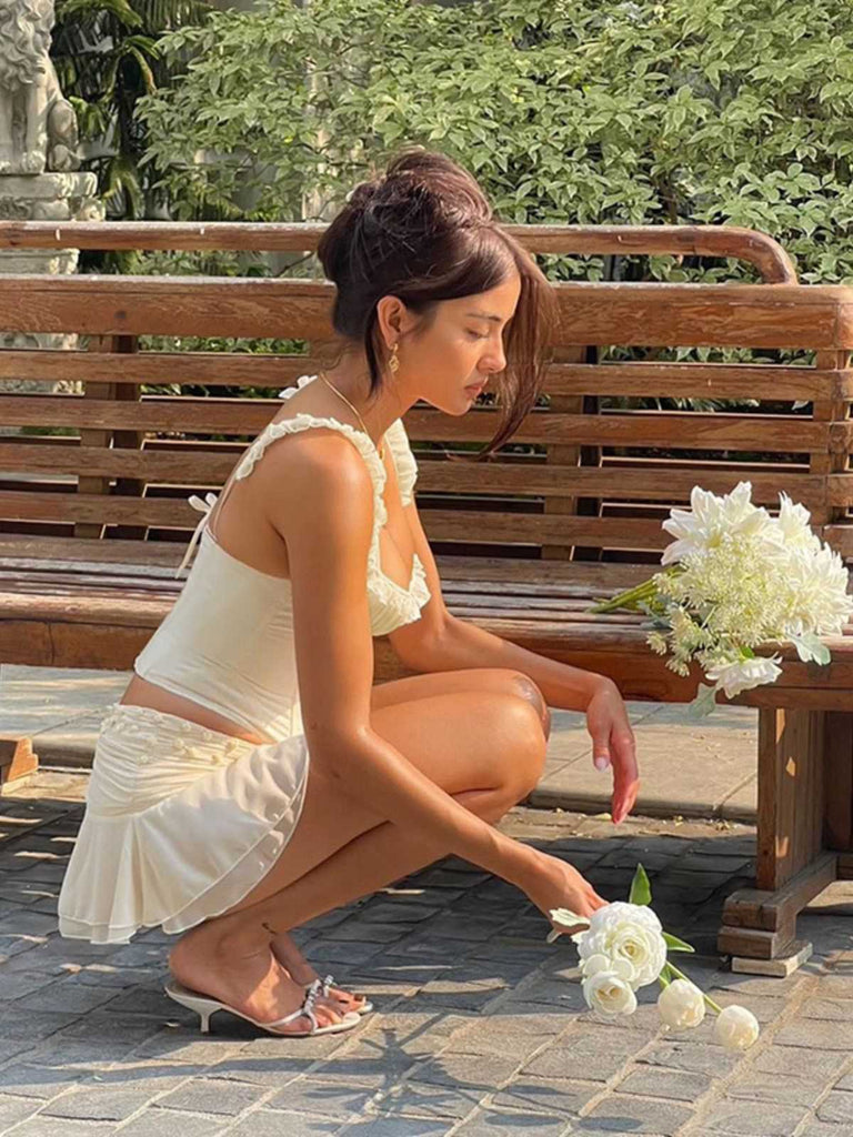 Camisole corset à volants en patchwork de maille années 1960