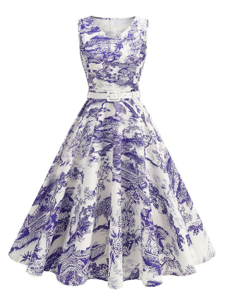 Robe motif paysage en porcelaine sans manches avec ceinture des années 1950