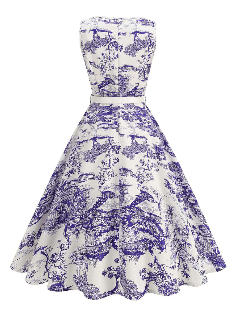 Robe motif paysage en porcelaine sans manches avec ceinture des années 1950