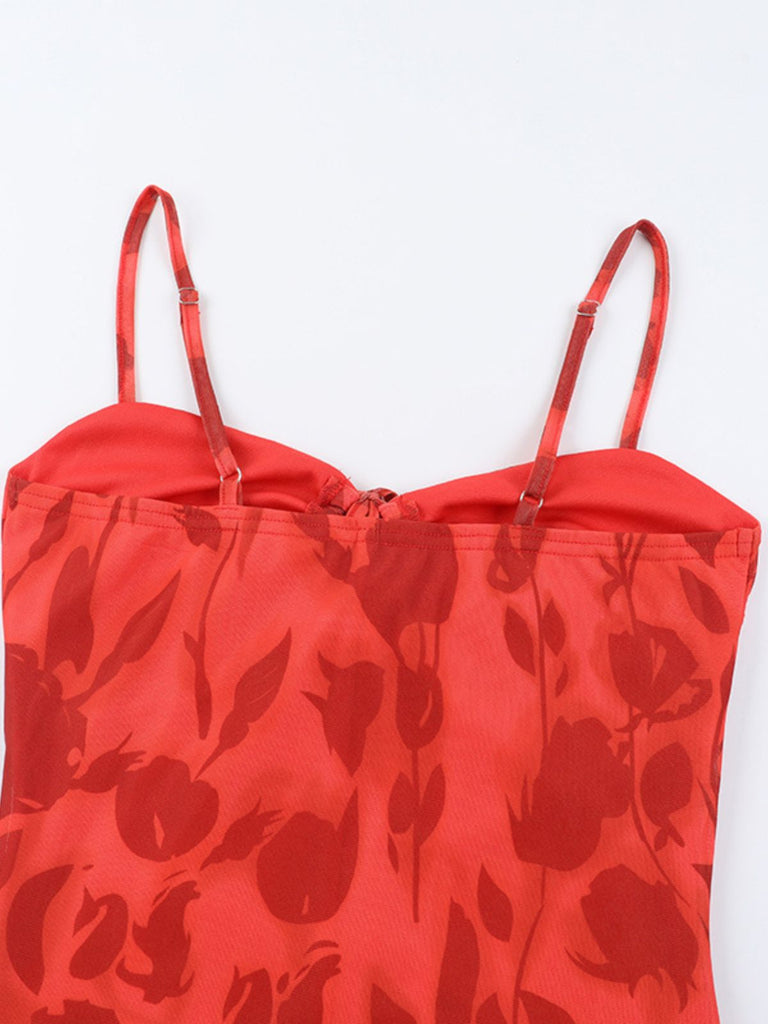 Robe rouge fleurs à bretelles spaghetti des années 1930