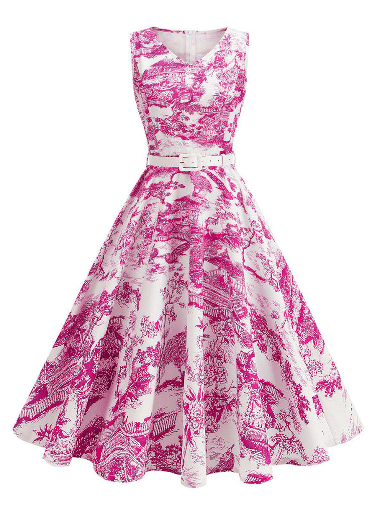 Robe motif paysage en porcelaine sans manches avec ceinture des années 1950