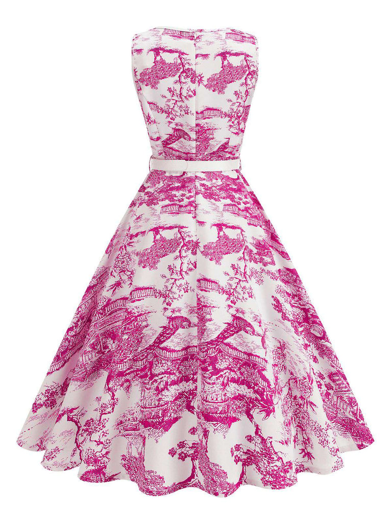 Robe motif paysage en porcelaine sans manches avec ceinture des années 1950