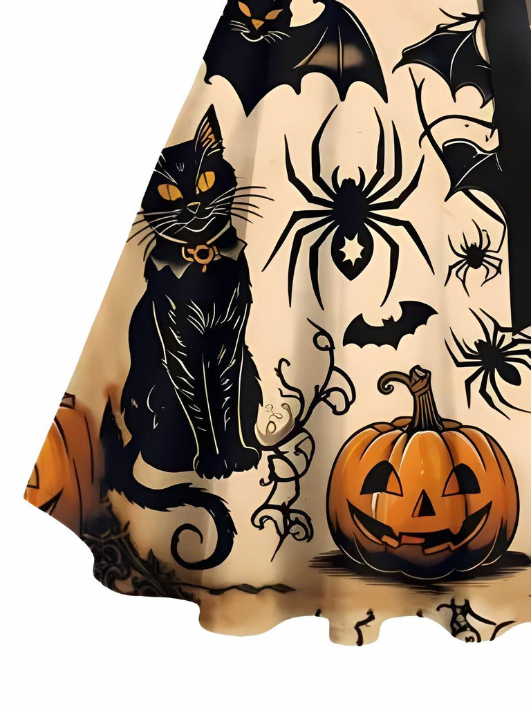 Robe trapèze orange imprimé citrouille et chat noir Halloween années 1950