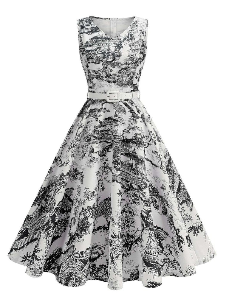 Robe motif paysage en porcelaine sans manches avec ceinture des années 1950