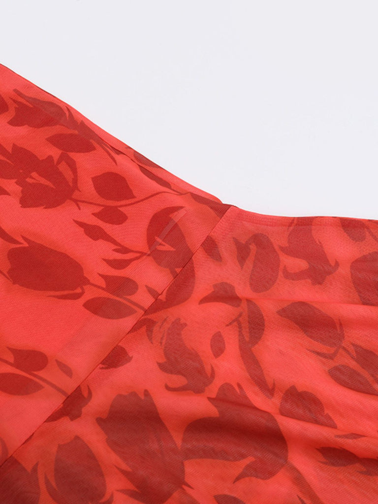 Robe rouge fleurs à bretelles spaghetti des années 1930