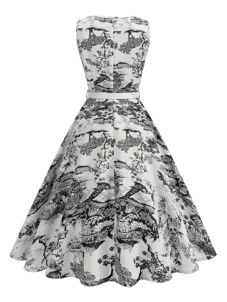 Robe motif paysage en porcelaine sans manches avec ceinture des années 1950