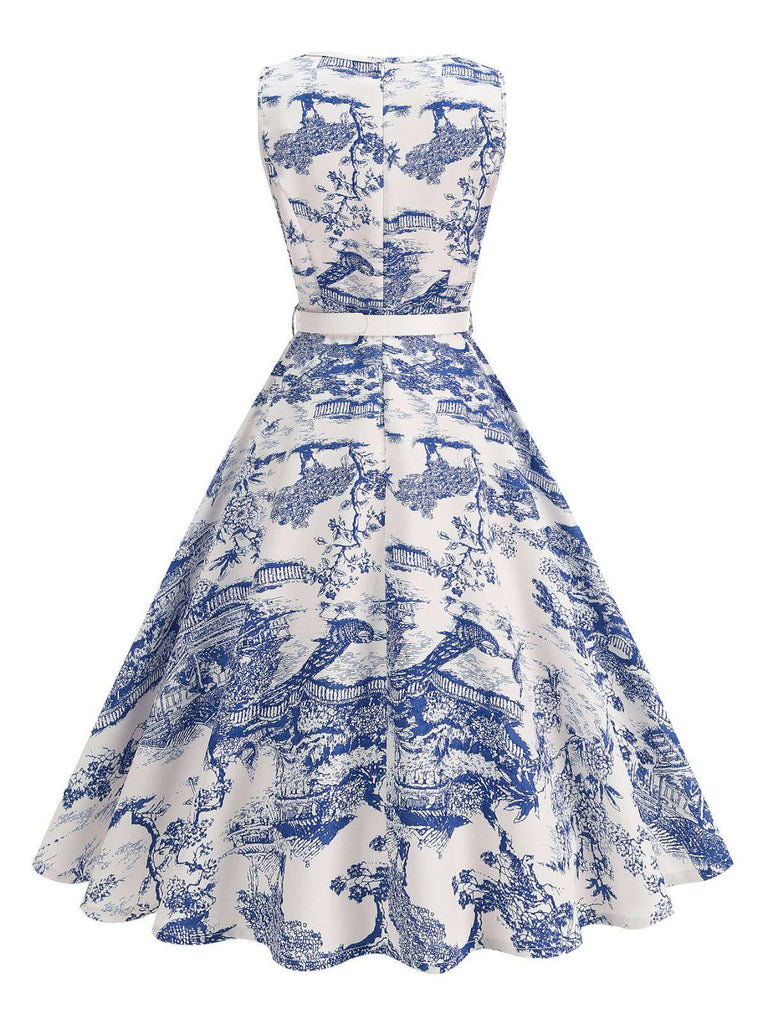 Robe motif paysage en porcelaine sans manches avec ceinture des années 1950