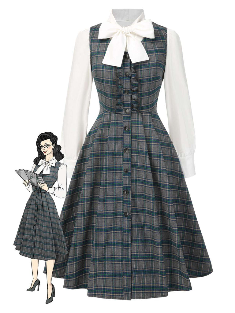 2PCS Robe gris à volants et chemisier en coton années 1950