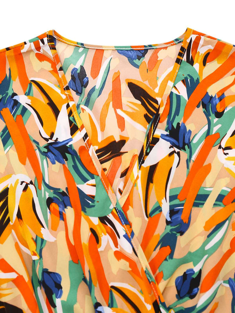 Combishort ceinturée multicolore col V et imprimé abstrait années 1980