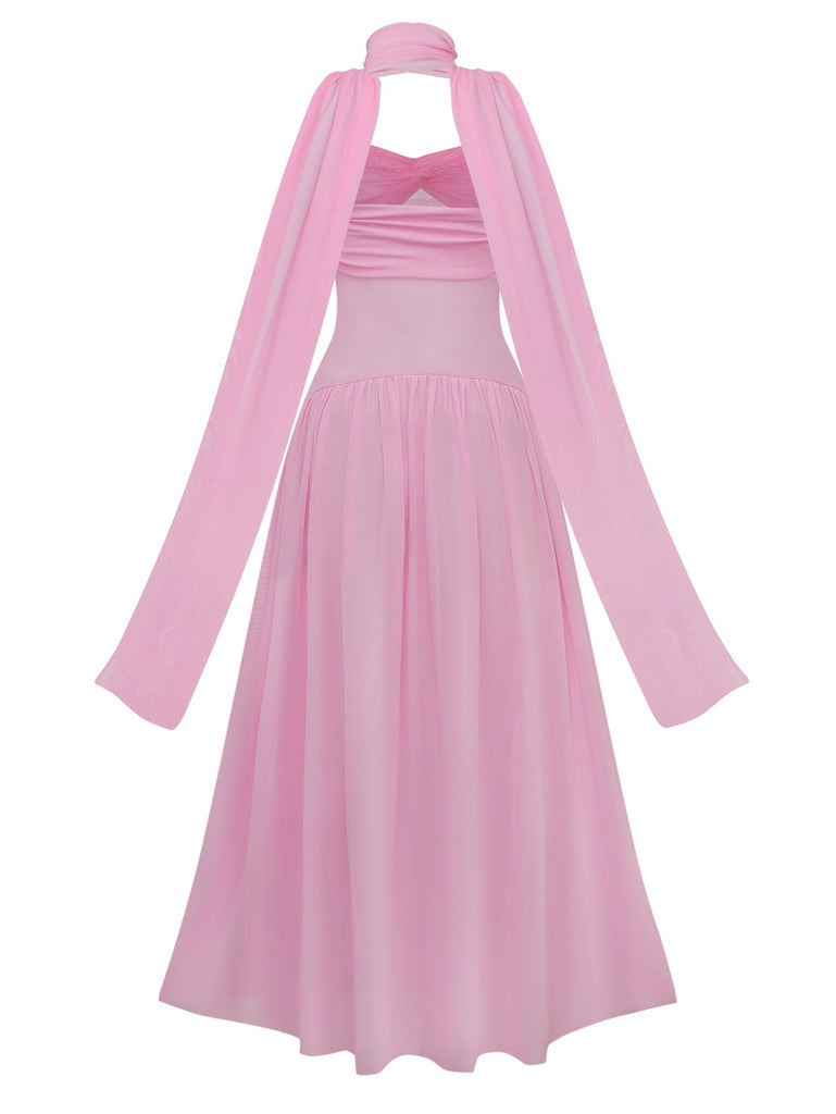 Robe de soirée bustier à col licou années 1950 avec foulard