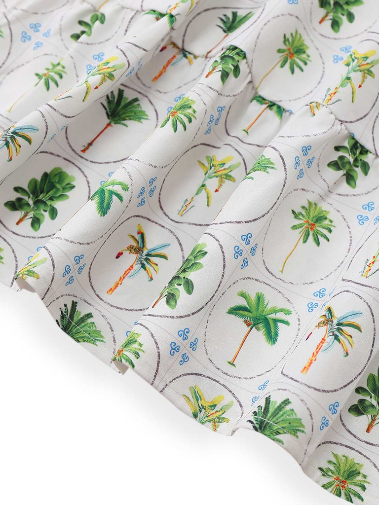 Robe licou verte à imprimé palmiers et carreaux des années 1970