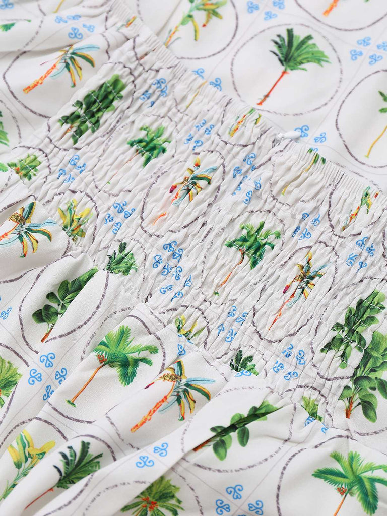 Robe licou verte à imprimé palmiers et carreaux des années 1970