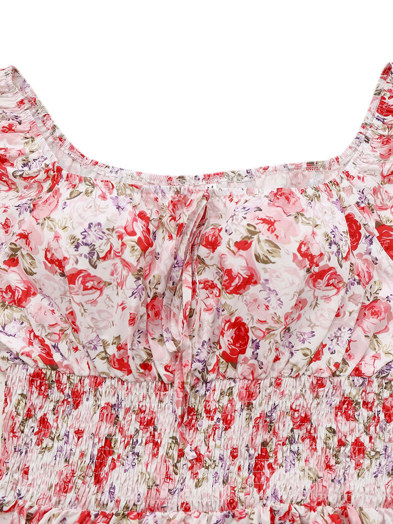 Robe manches bouffantes imprimé fleurs roses taille smockée des années 1950