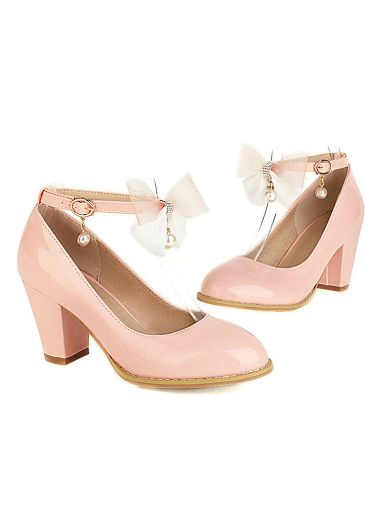 Escarpins à talons épais en cuir verni avec nœud Mary Jane