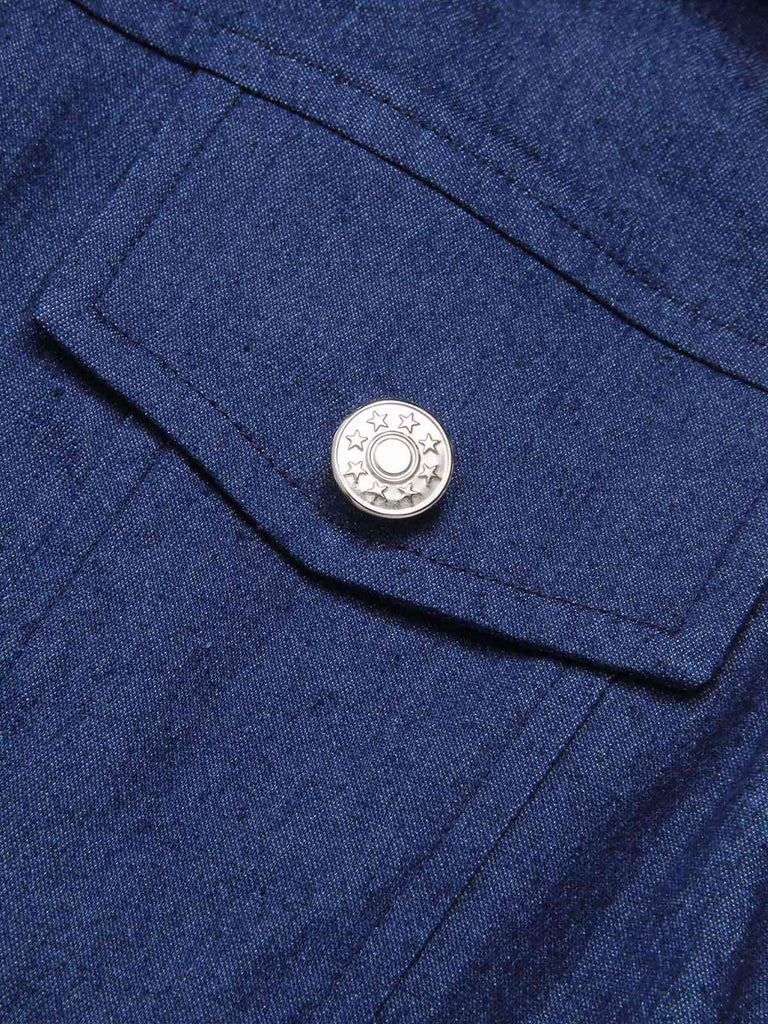 Combishort en jean marron uni en coton à poches des années 1970