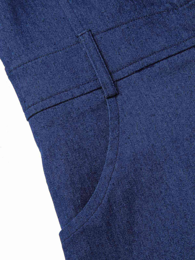 Combishort en jean marron uni en coton à poches des années 1970