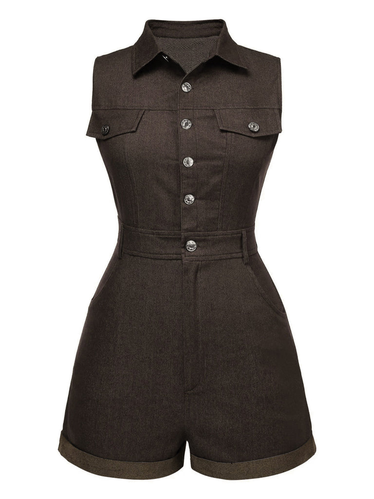 Combishort en jean marron uni en coton à poches des années 1970