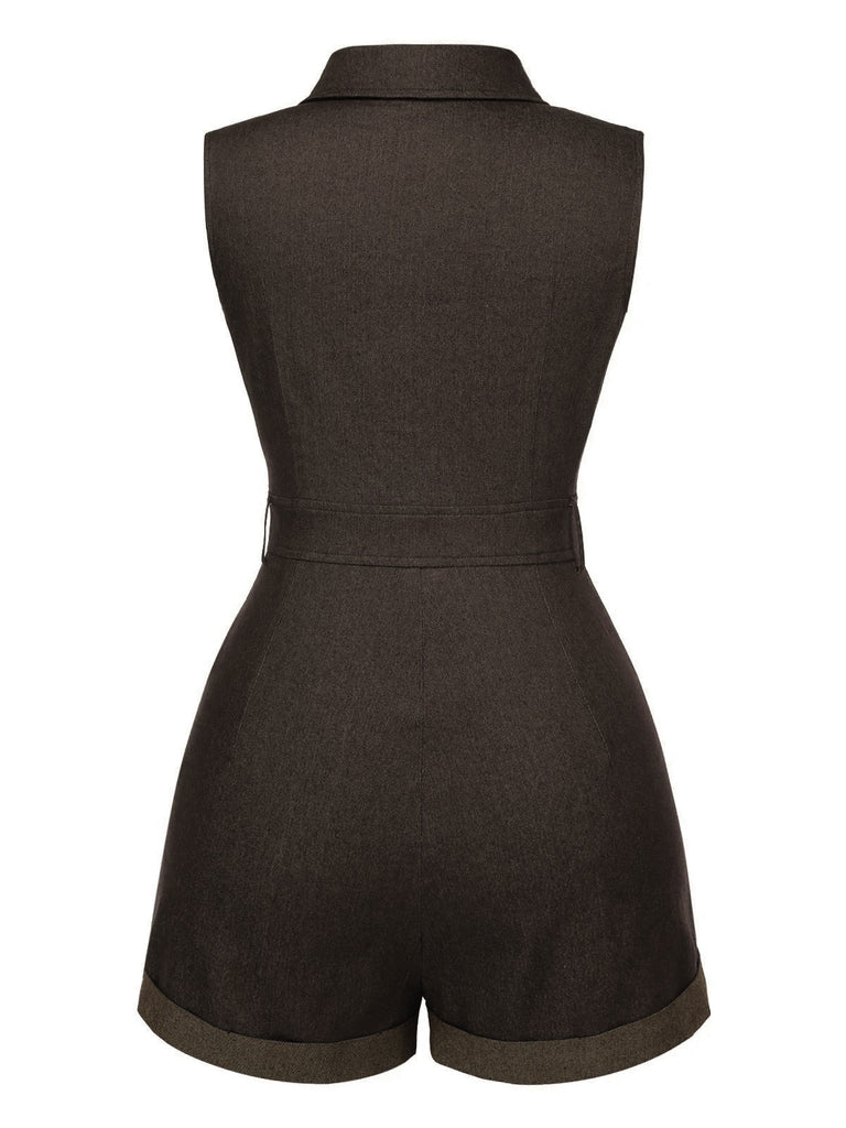 Combishort en jean marron uni en coton à poches des années 1970