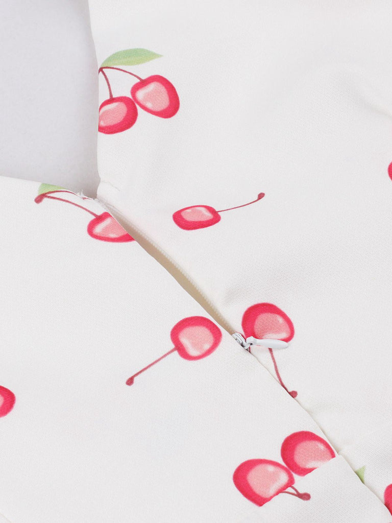 Robe cerise blanche col V nœud d'épaule des années 1950