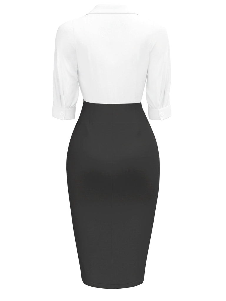 Robe moulante froncée à col cranté blanche et noire des années 1960