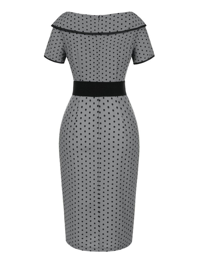Robe crayon grise à pois et col bateau des années 1960