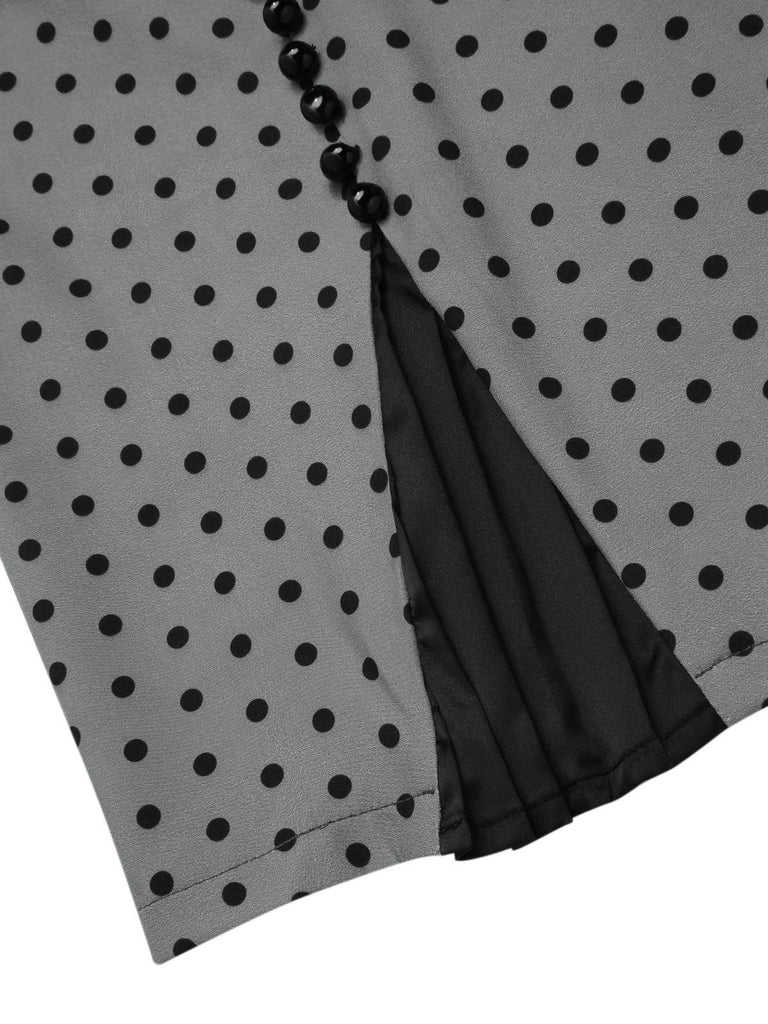 Robe crayon grise à pois et col bateau des années 1960