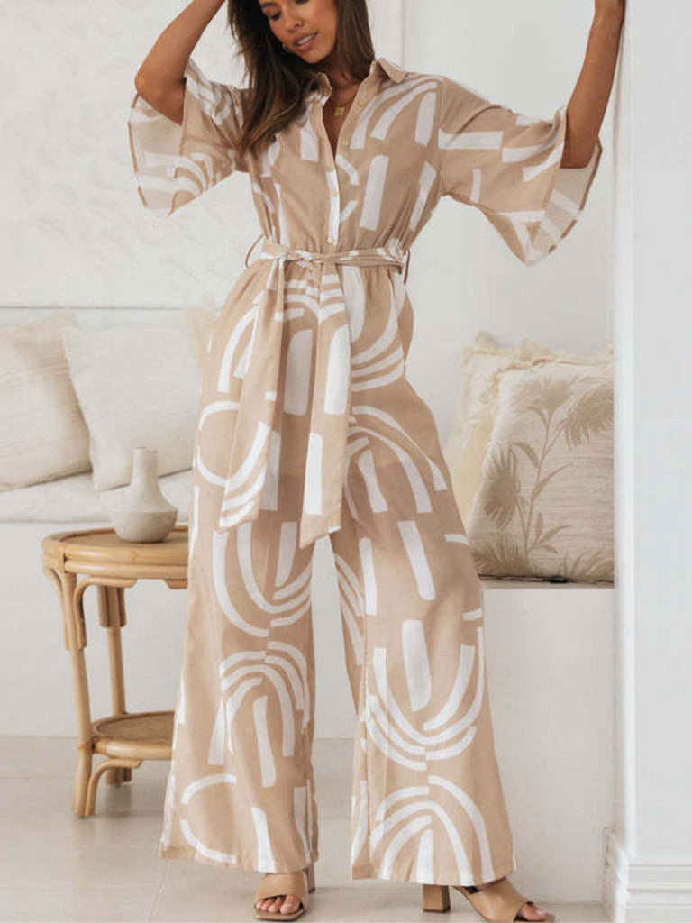 Combinaison kaki à revers manches mi-longues imprimé géométrique années 1930