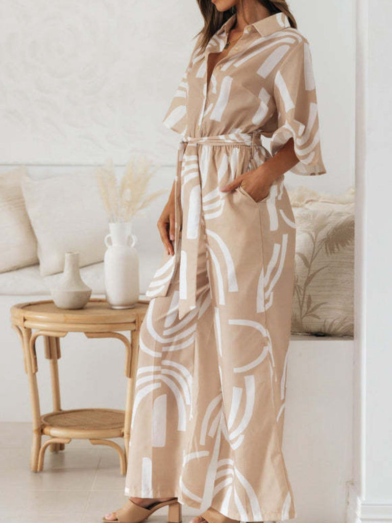 Combinaison kaki à revers manches mi-longues imprimé géométrique années 1930