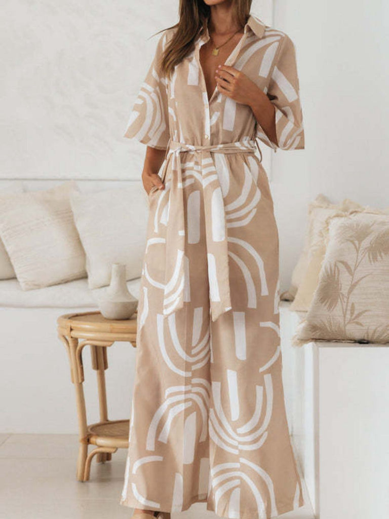 Combinaison kaki à revers manches mi-longues imprimé géométrique années 1930