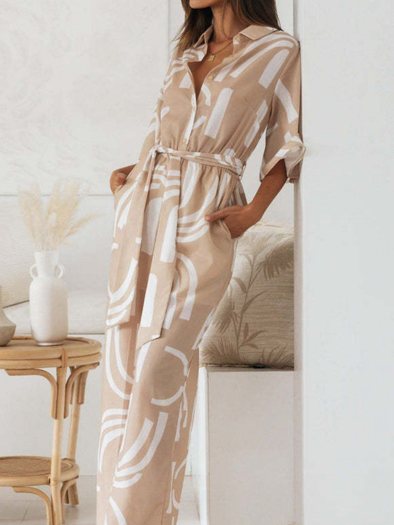 Combinaison kaki à revers manches mi-longues imprimé géométrique années 1930