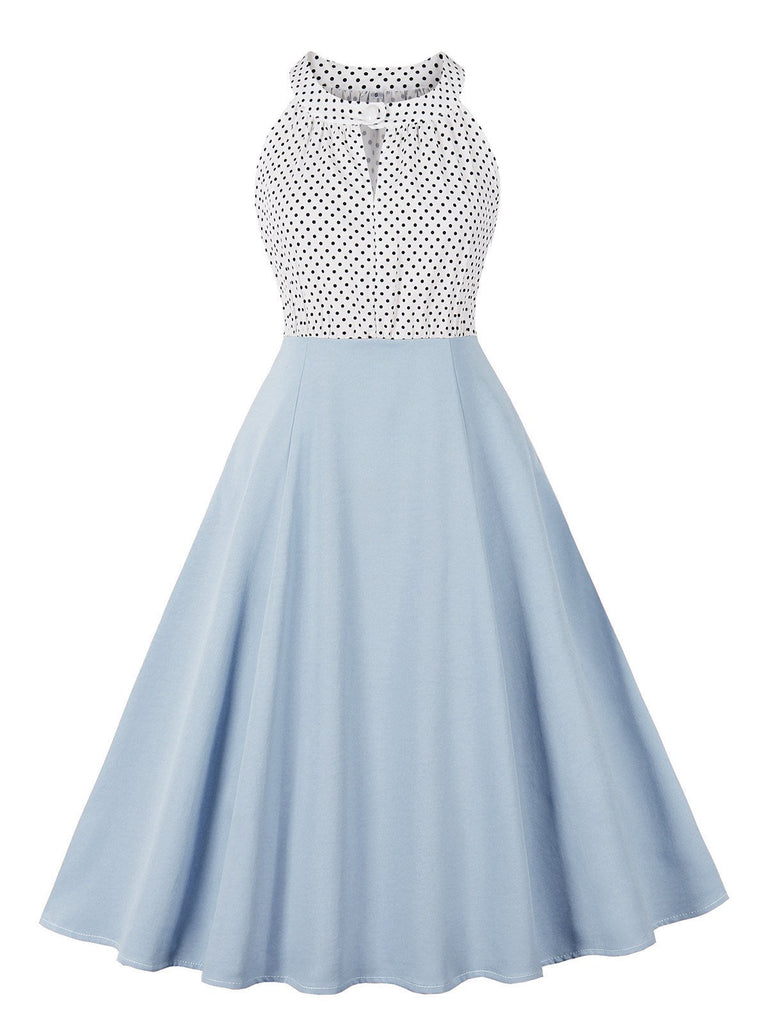 Robe à pois patchwork col rond dos nu blocs de couleurs des années 1950