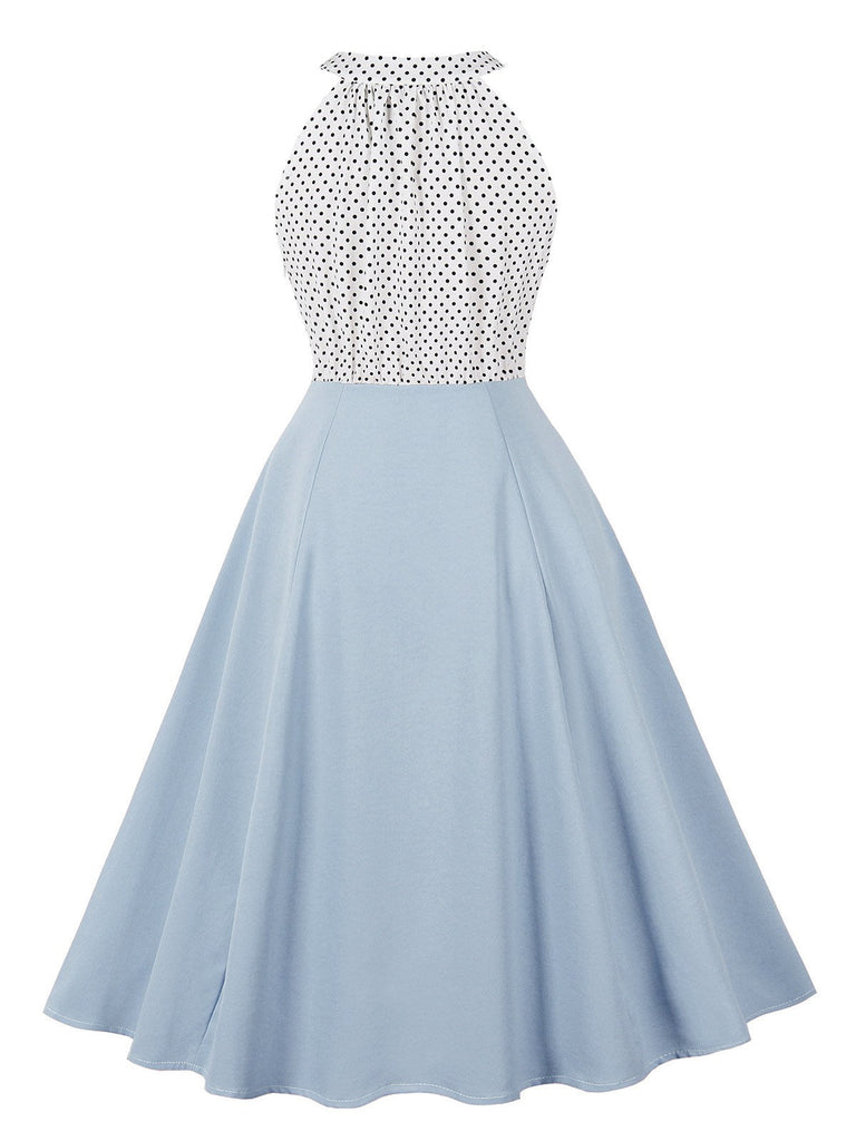 Robe à pois patchwork col rond dos nu blocs de couleurs des années 1950