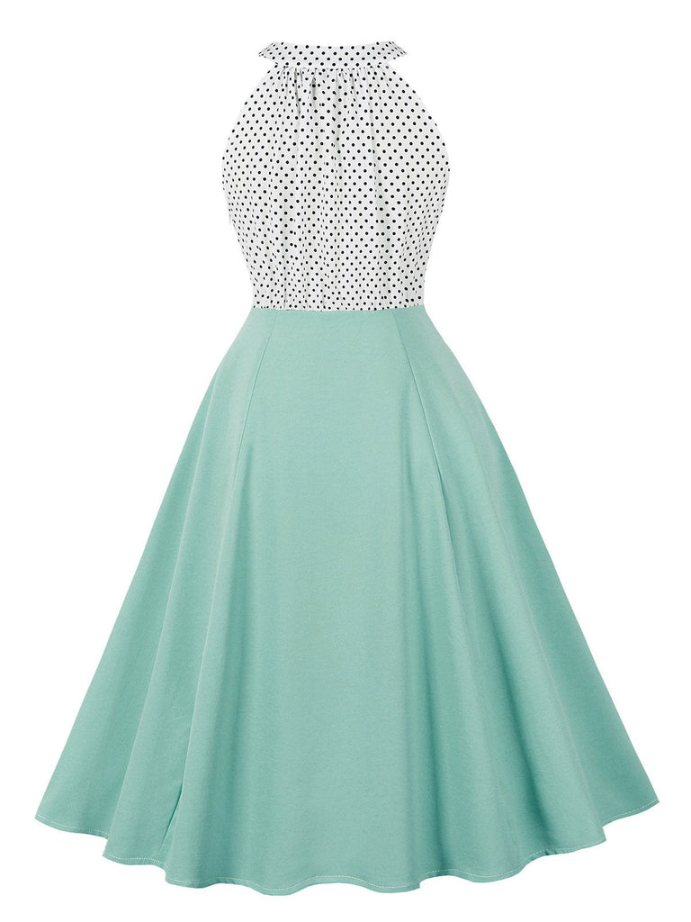 Robe à pois patchwork col rond dos nu blocs de couleurs des années 1950