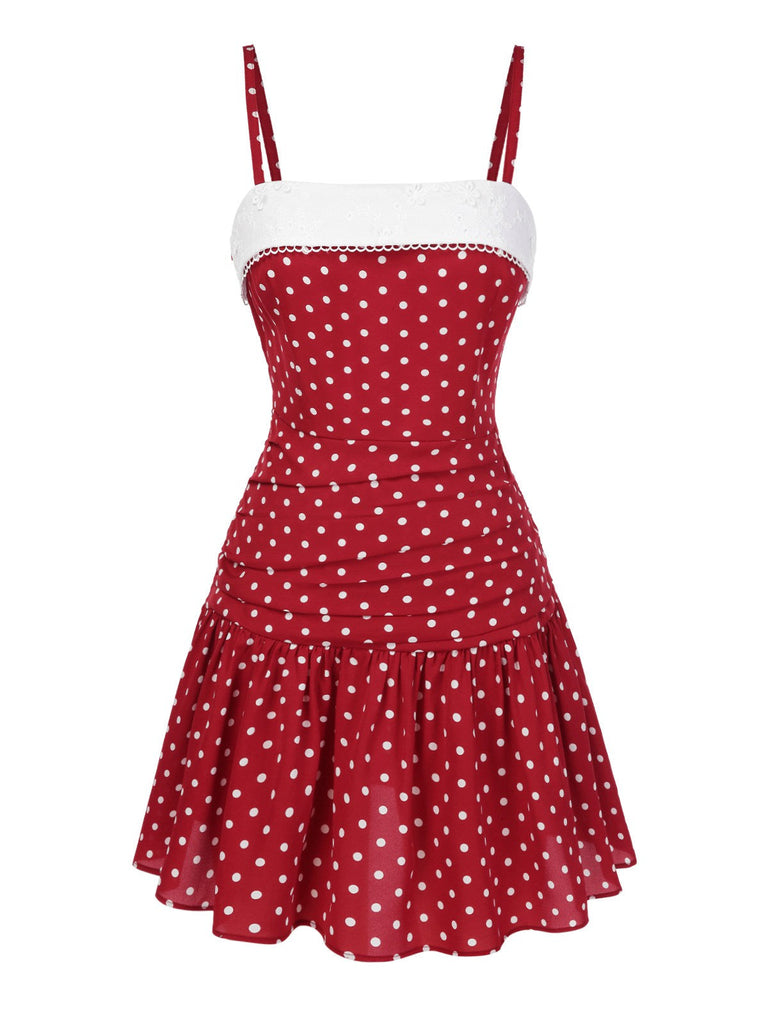 Robe plissée rouge à pois et dentelle patchwork des années 1960