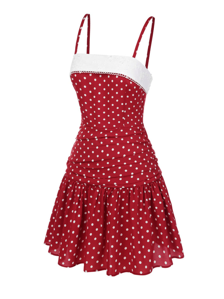 Robe plissée rouge à pois et dentelle patchwork des années 1960