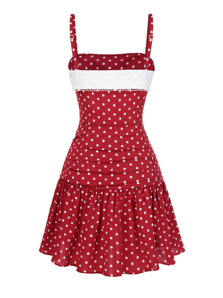 Robe plissée rouge à pois et dentelle patchwork des années 1960