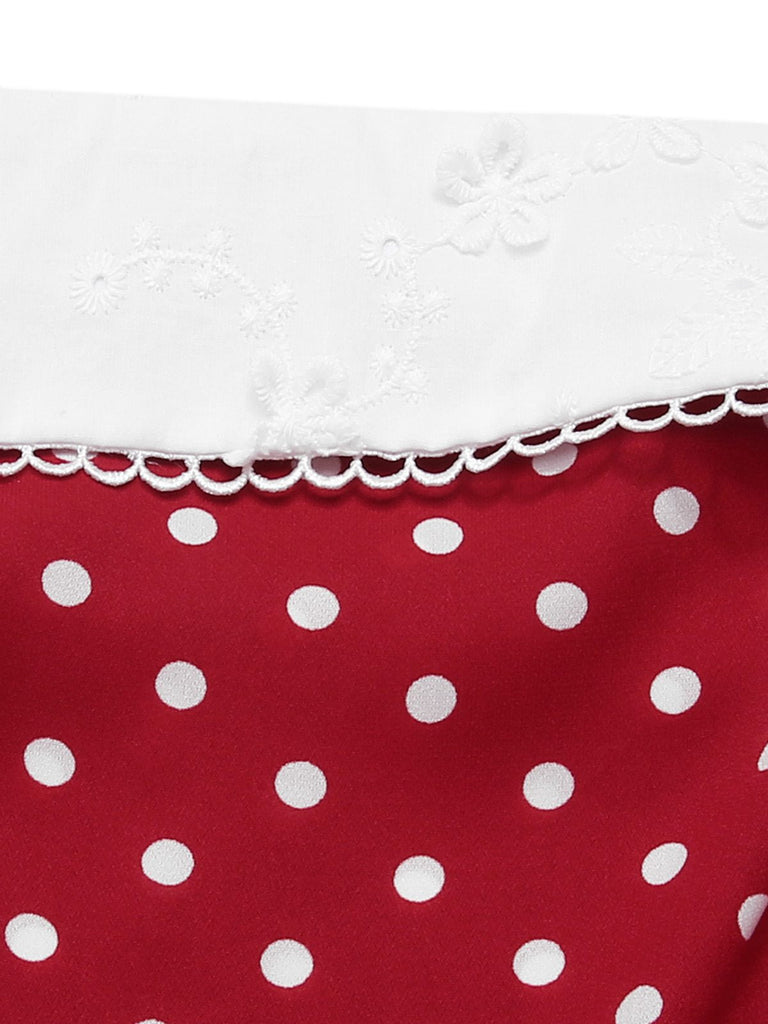 Robe plissée rouge à pois et dentelle patchwork des années 1960