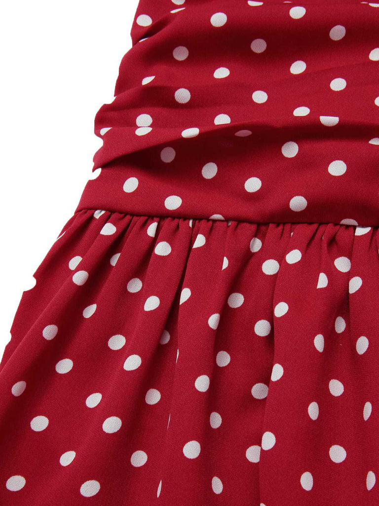 Robe plissée rouge à pois et dentelle patchwork des années 1960