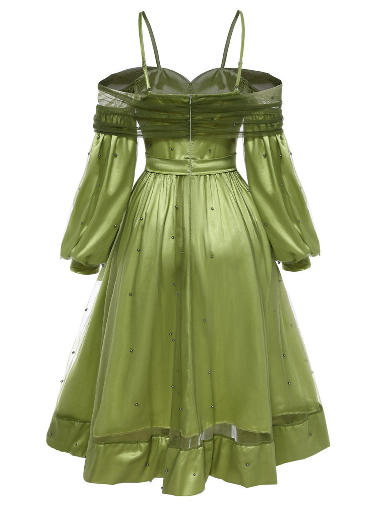 Robe à épaules dénudées et bretelles en maille et satin chartreuse des années 1950