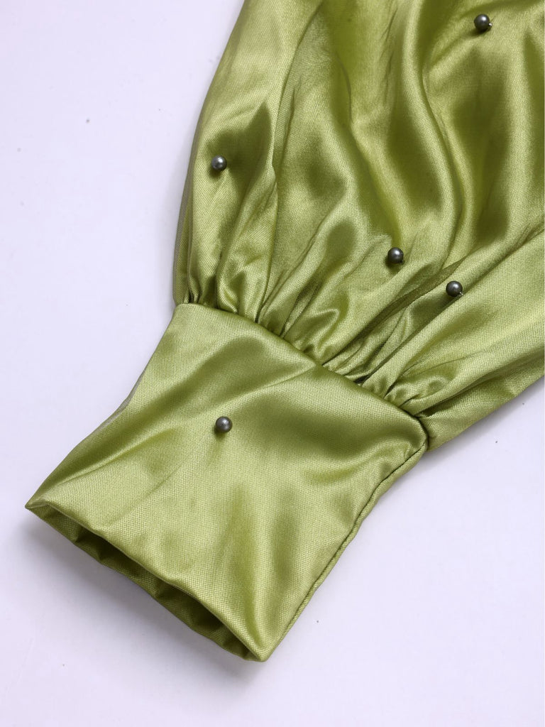 Robe à épaules dénudées et bretelles en maille et satin chartreuse des années 1950
