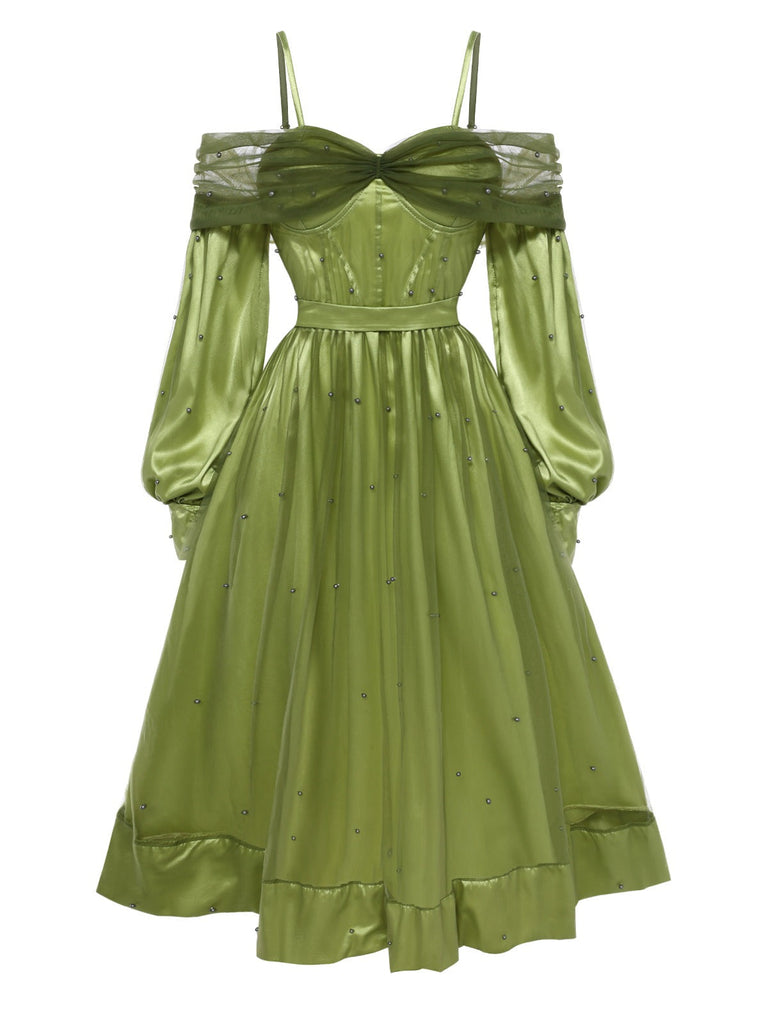 Robe à épaules dénudées et bretelles en maille et satin chartreuse des années 1950