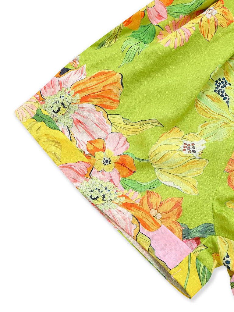 Combishort fleurie jaune manches longues col V profond années 1960