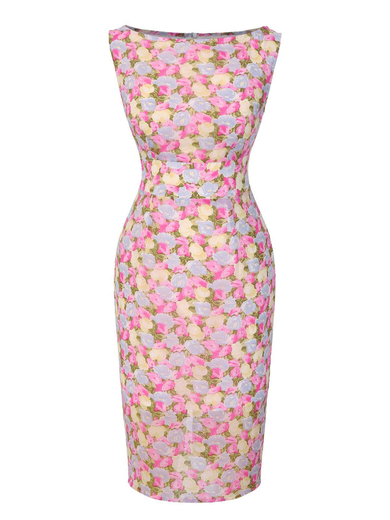 Robe moulante rose fleurie à col bateau années 1960