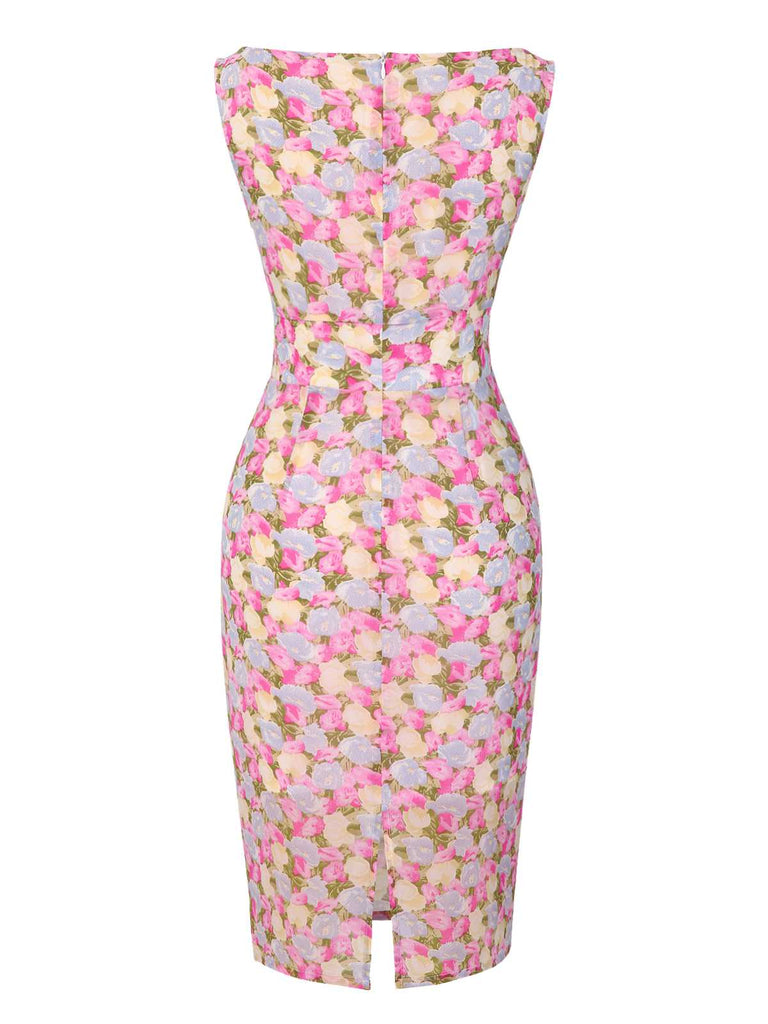 Robe moulante rose fleurie à col bateau années 1960