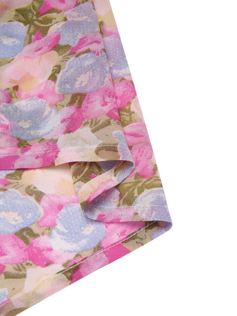 Robe moulante rose fleurie à col bateau années 1960