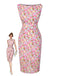 Robe moulante rose fleurie à col bateau années 1960